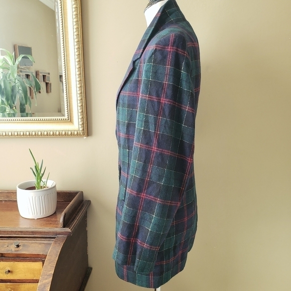 Vintage White Stag Tartan Plaid Blazer Blue, Green, Red, Gold Single Button - Picture 5 of 6